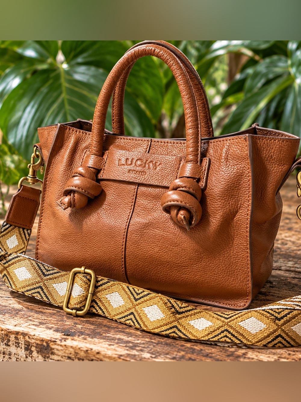 Lucky Brand Julian Cognac Leather Knot-Handle Satchel crossbody shoulder straps